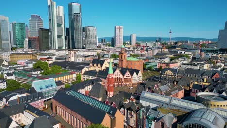 4k aerial drone video of the historic churches and modern highrises near the römerberg town square in frankfurt, germany