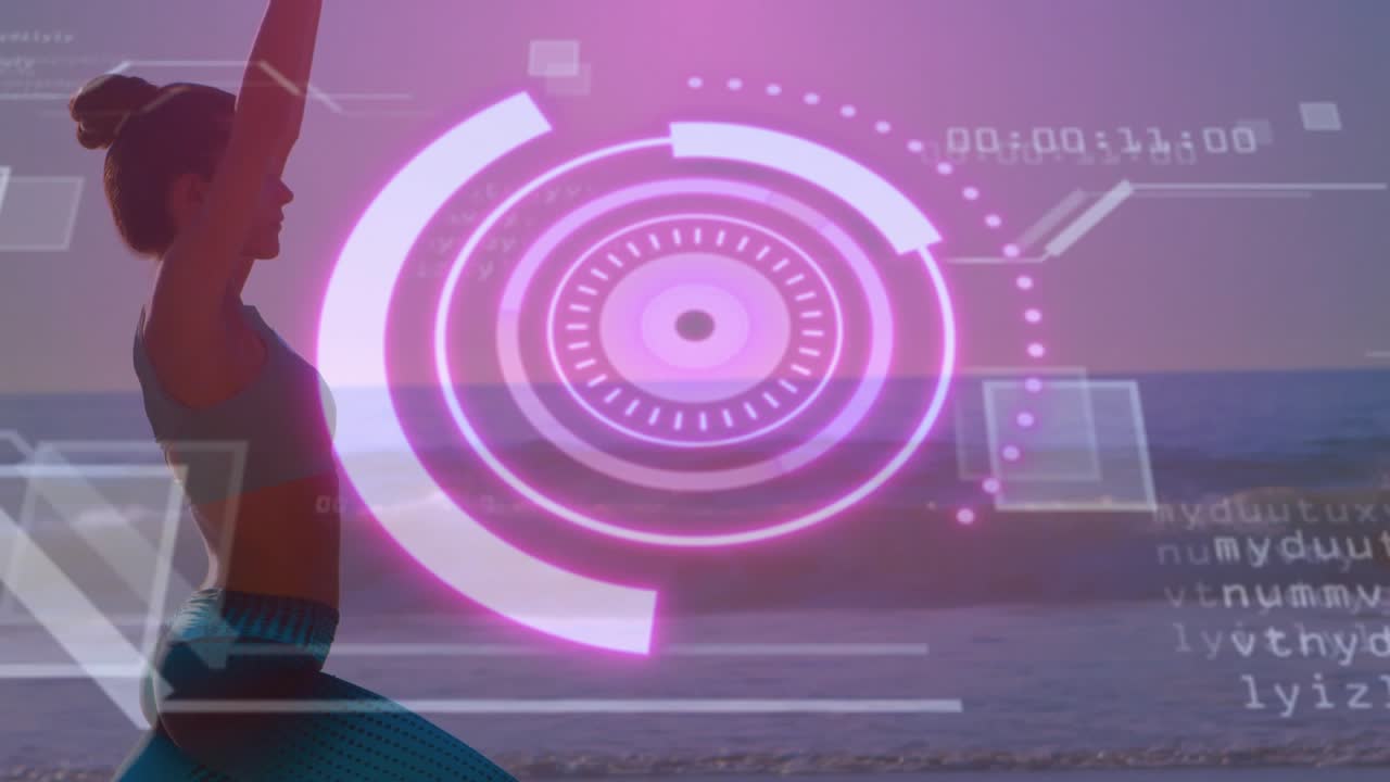 Fitness instructor stepping into low lunge on beach, fading in rotating data rings guiding posture