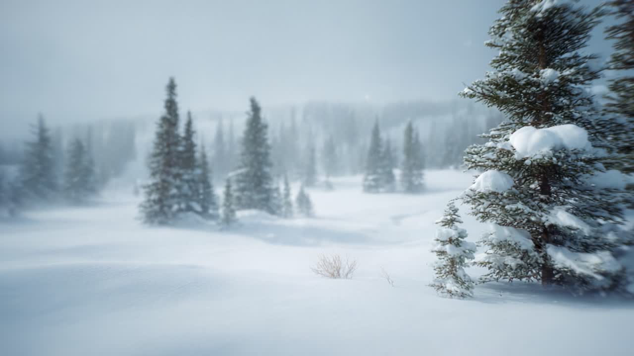 A Serene Mountain Landscape Embraced by Winter's Chill: Explore the Beauty of Snow-Dusted Pines and Tranquil White Fields in a Mystical Snowfall Setting