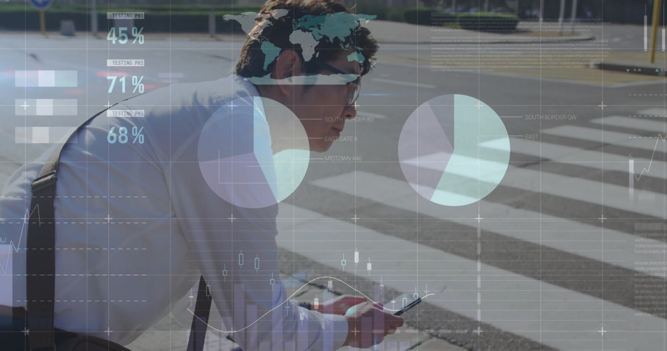Mature Asian man tapping phone causing data charts fading into overlays on crosswalk showing stats