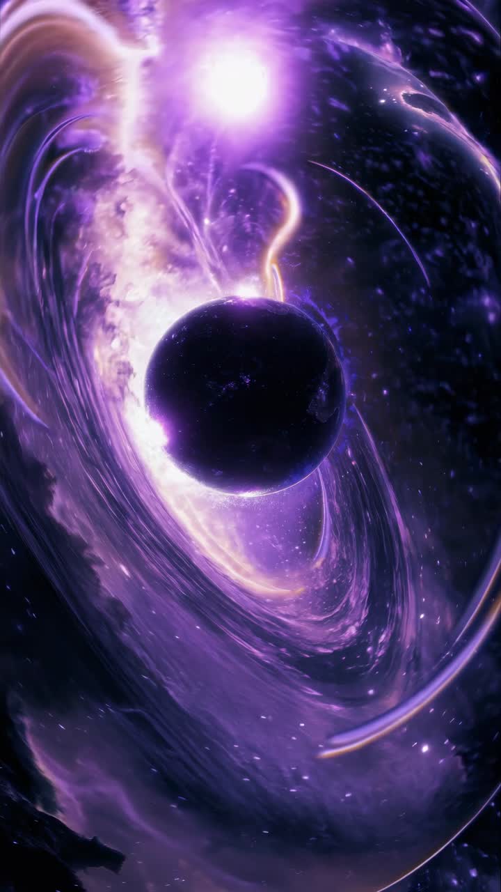 Dynamisk kosmisk scene med hvirvlende lilla galakser og en glødende planet