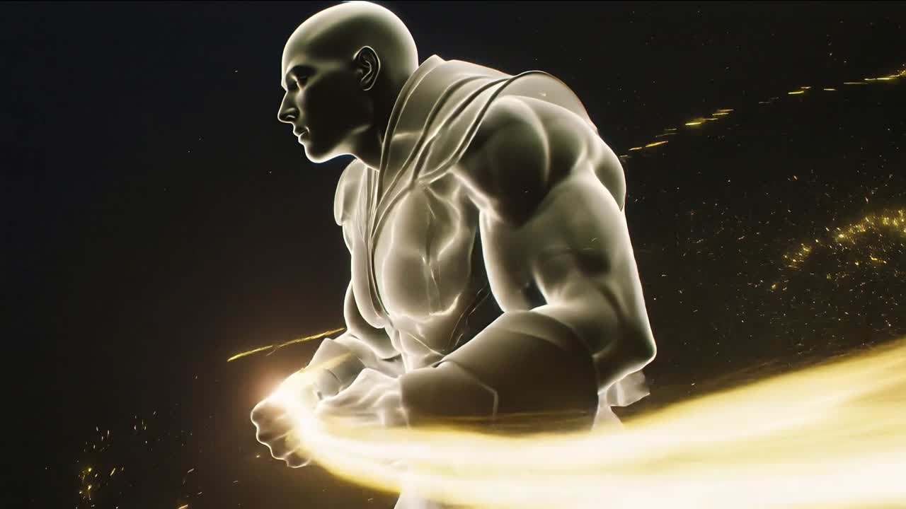 Surging CGI hero from left void bursting golden dust sharpening armor, unfolding cape, raising arms