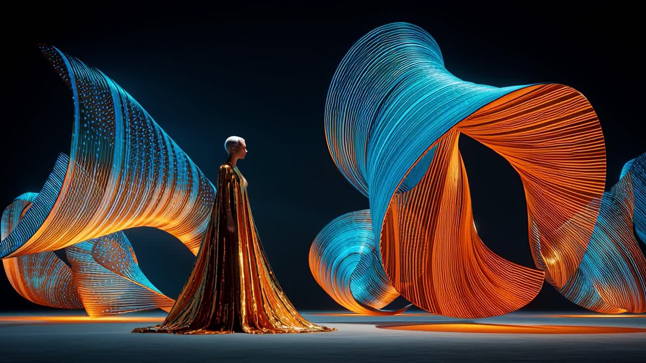 A Striking Ethereal Figure Adorned in Glittering Golden Garb Stands Amidst Enchanting Swirls of Vibrant Orange and Blue Light, Creating a Breathtaking Visual Experience