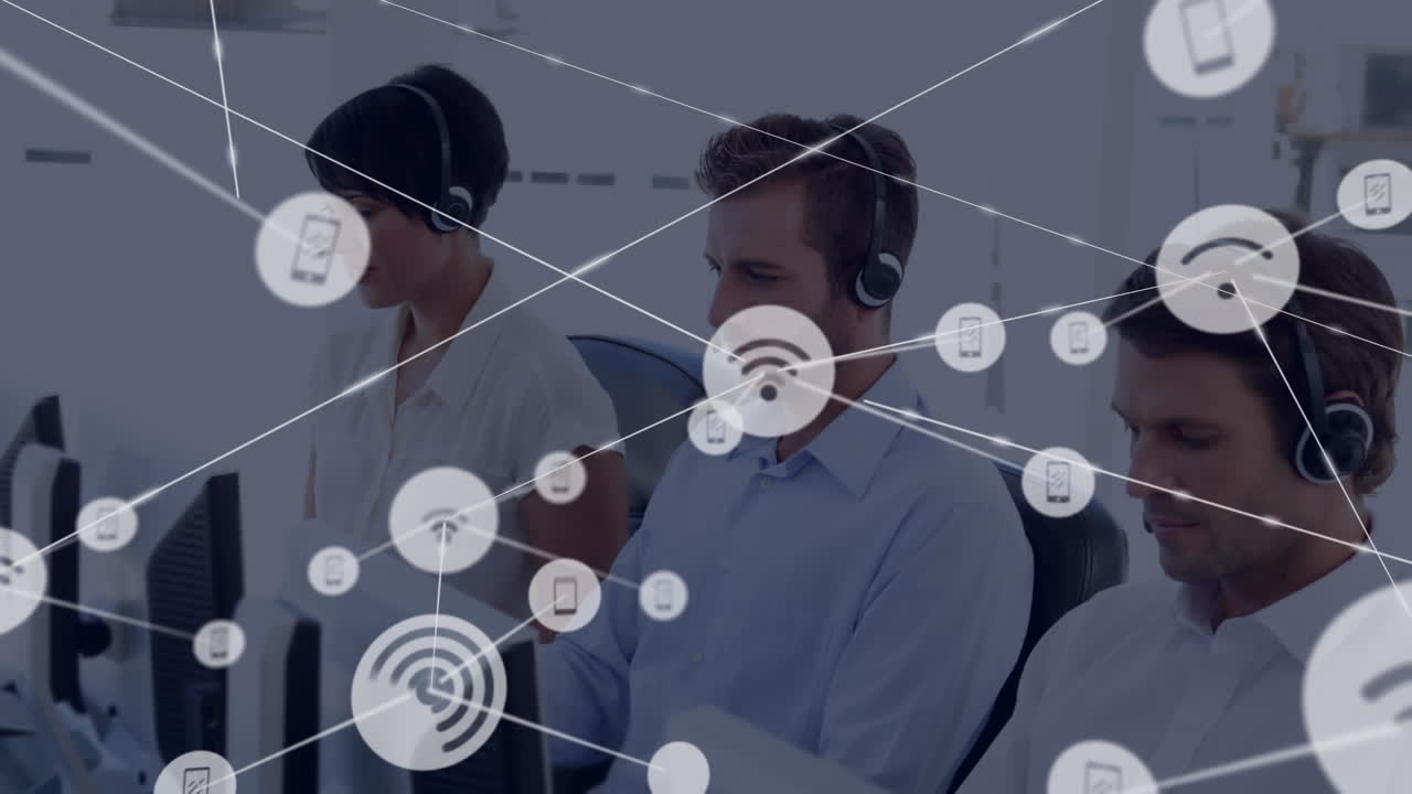 Animation of network of connection with icons over business people wearing phone headsets