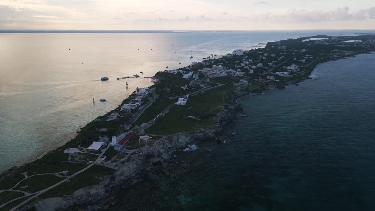 Aerial sunset of isle mujeres Cancun Riviera Maya Mexico caribbean sea ocean tropical paradise