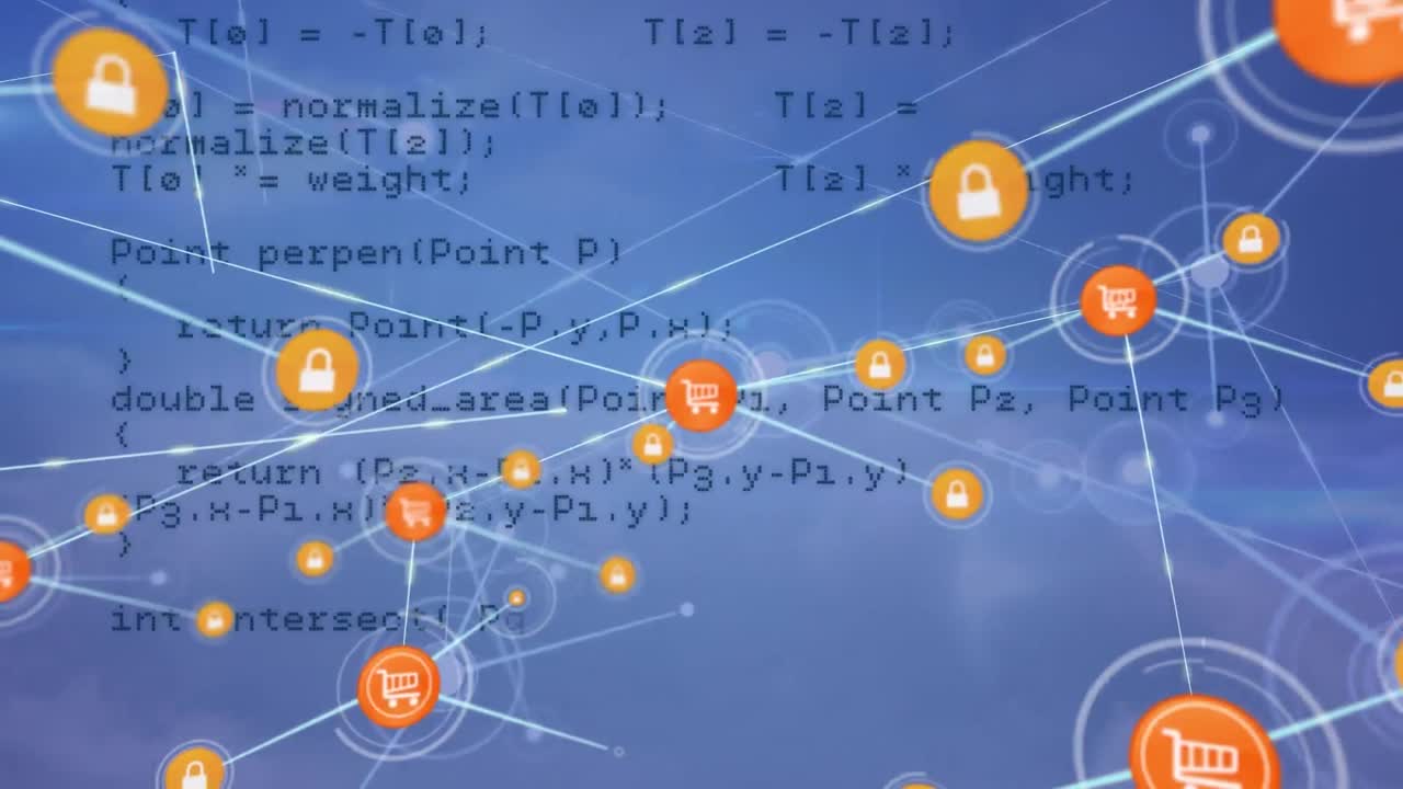 Animation of network of connections with digital icons and data processing on blue background