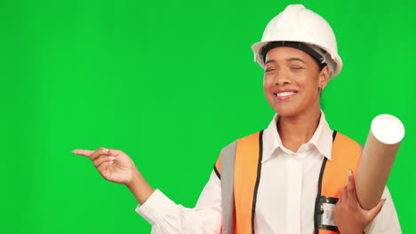 Green-screen,-woman-and-engineer-with-plan