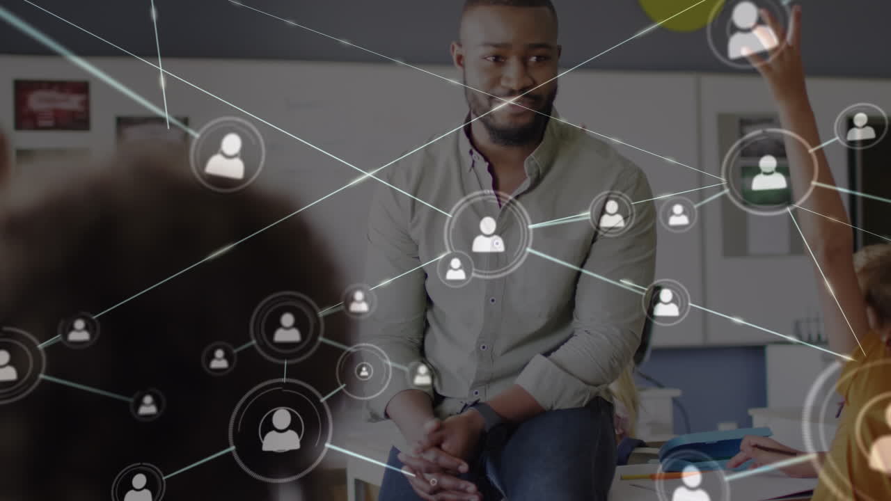 Animation of network of connections with icons over diverse schoolchildren and teacher
