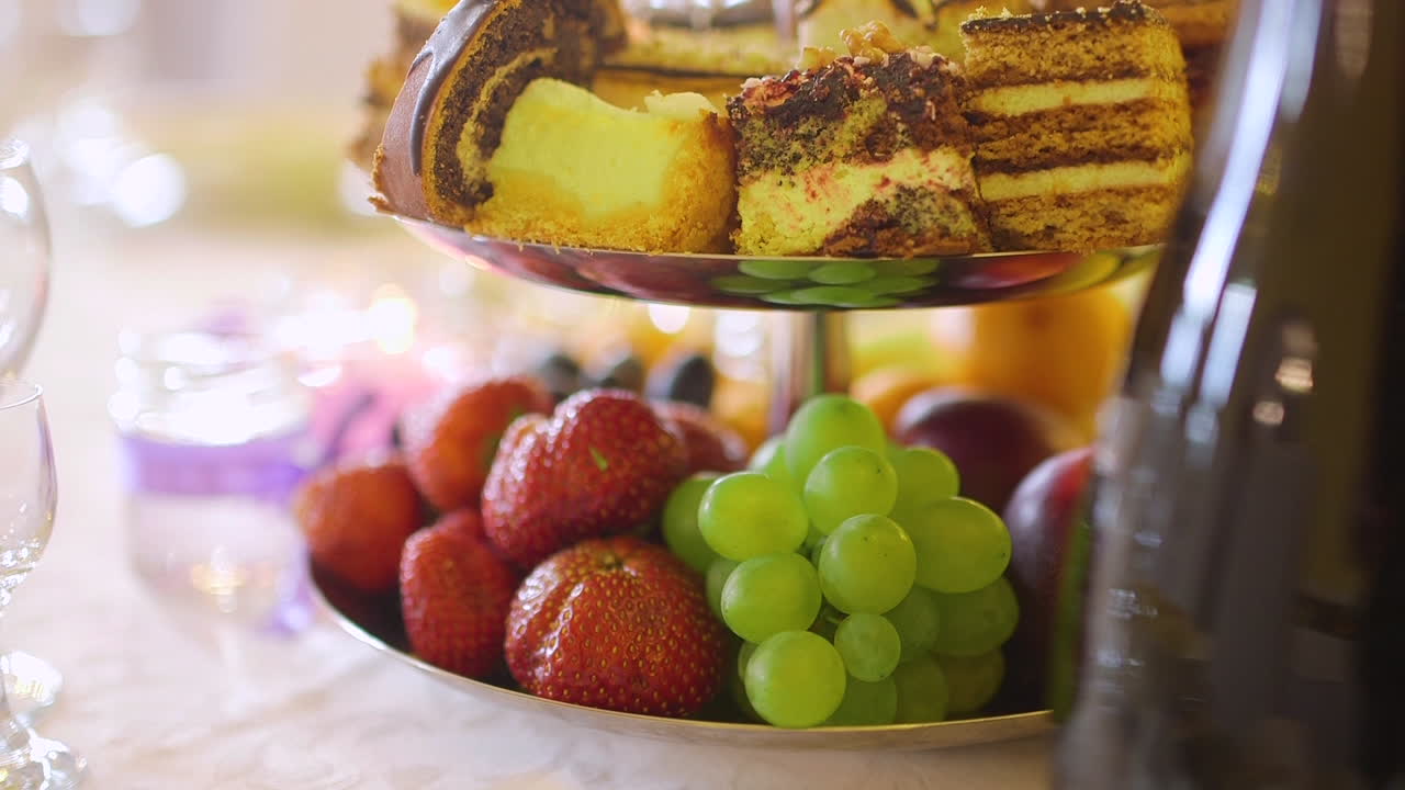 fruta fresca y pastel en una bandeja durante una recepción de boda
