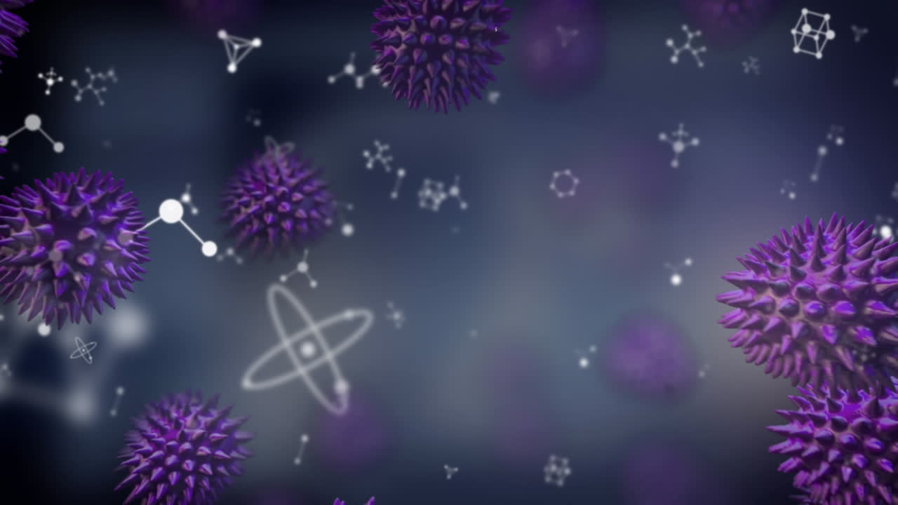 Animation of molecules and chemical elements with macro Covid19 cells floating on blue background