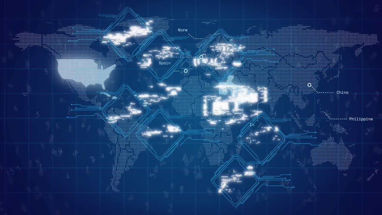 세계 지도, 연결 네트워크 및 데이터 처리의 애니메이션