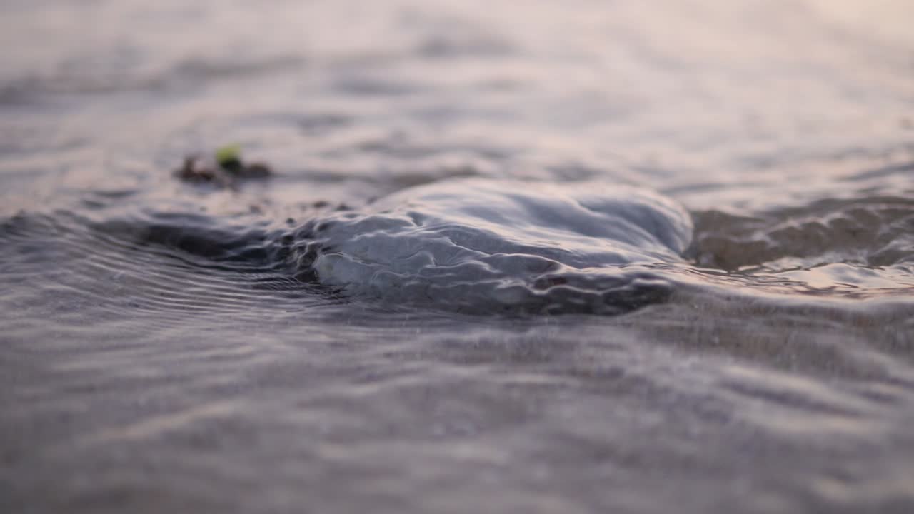 Slow motion of a small wave hitting a rock on the beach with a beautiful sunset