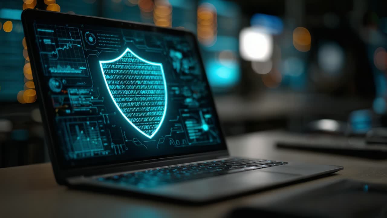 A Glowing Shield Animation on a Laptop Screen Symbolizing Cybersecurity and Data Protection in a Digital Environment with Tech Background