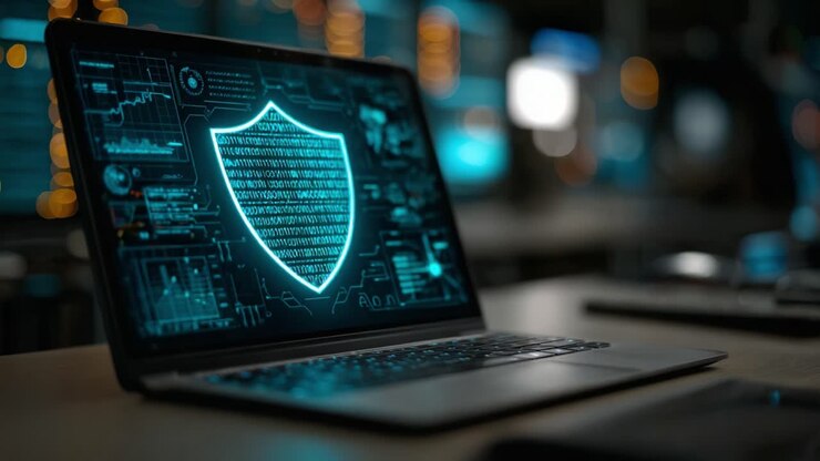A Glowing Shield Animation on a Laptop Screen Symbolizing Cybersecurity and Data Protection in a Digital Environment with Tech Background