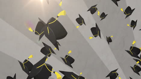 graduation caps with tassels flying over students celebrating graduation in school