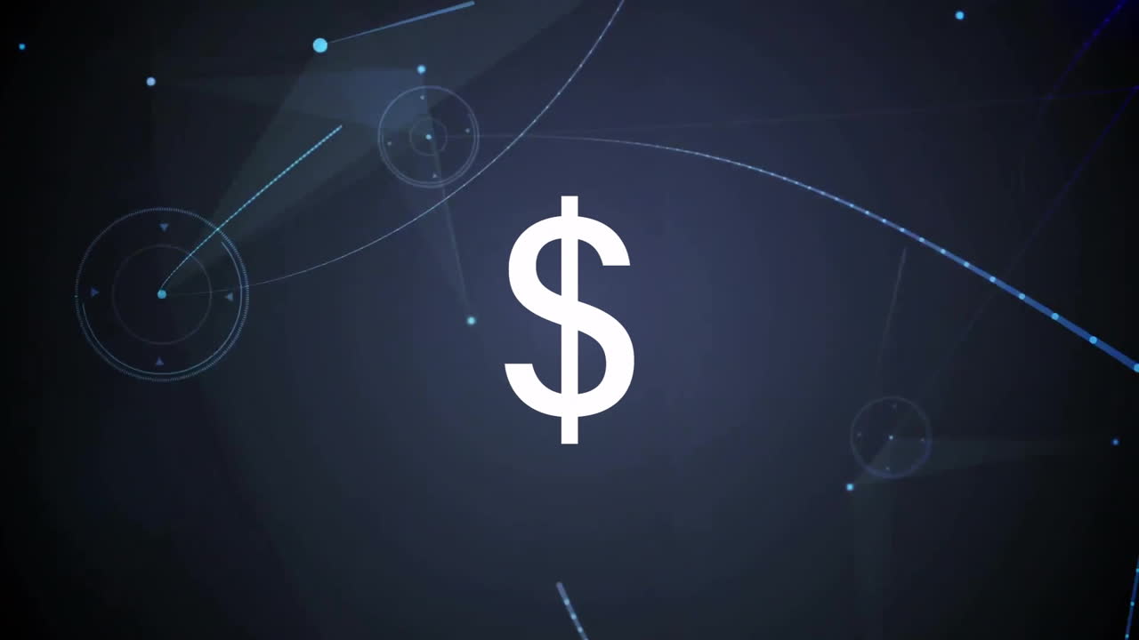 segno dollaro animato con connessioni di rete e elaborazione dei dati in movimento