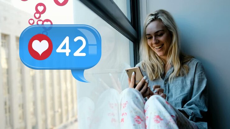 Woman sitting on a window sill typing on her phone 4k