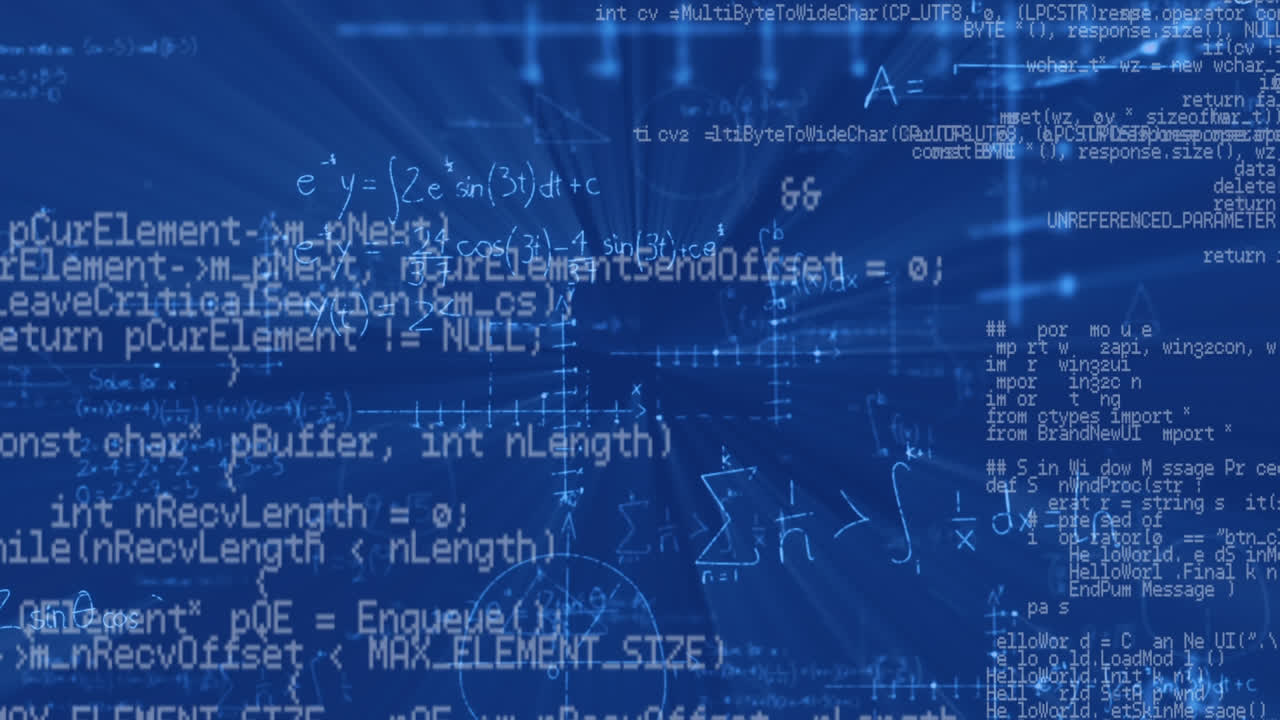 Animation of mathematical formulae with data processing and digital information on blue background