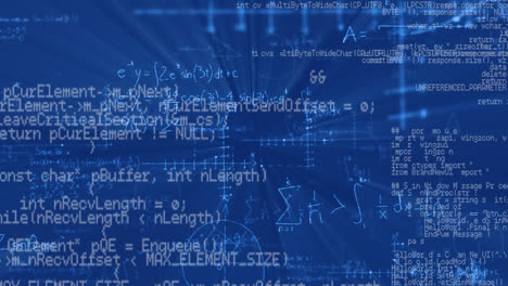 Animación-De-Fórmulas-Matemáticas-Con-Procesamiento-De-Datos-E-Información-Digital-Sobre-Fondo-Azul