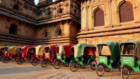 colorful rickshaws in front of a historical temple