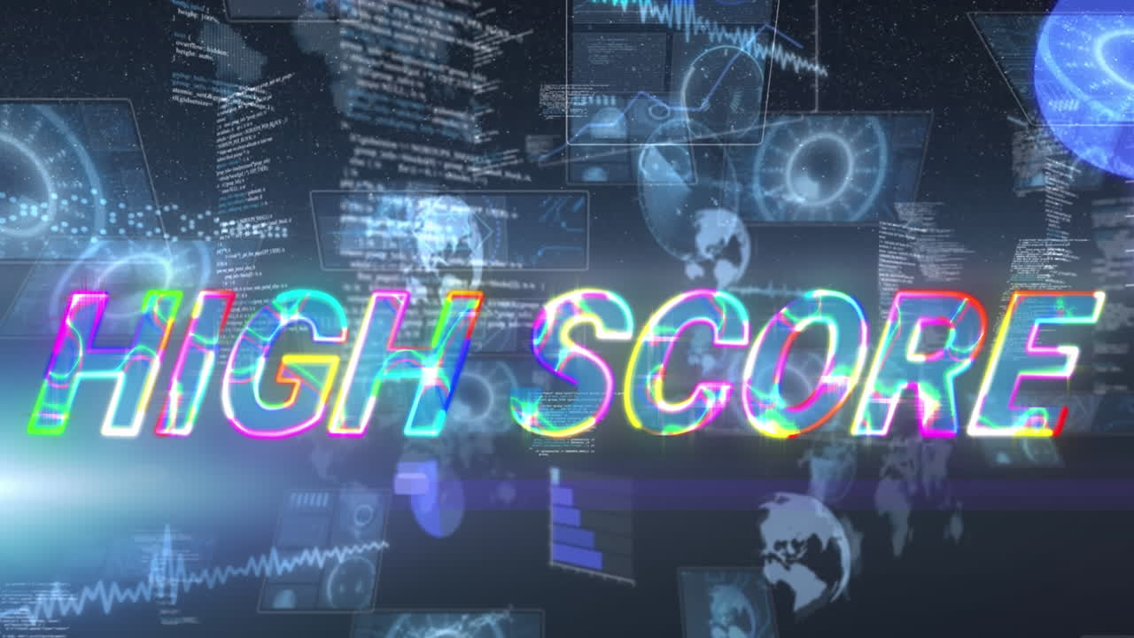 Animation of high score text over data processing on dark background