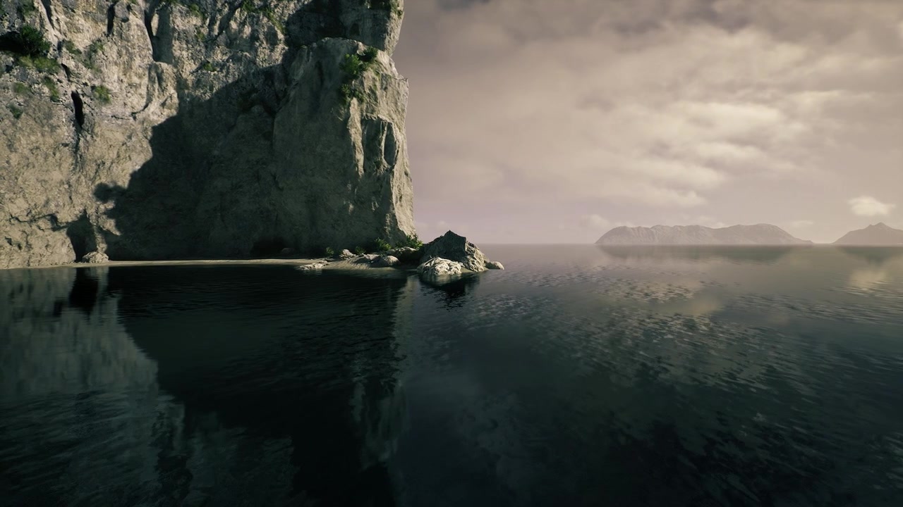 Serene rocky cliffs and water set cinematic mood for stories