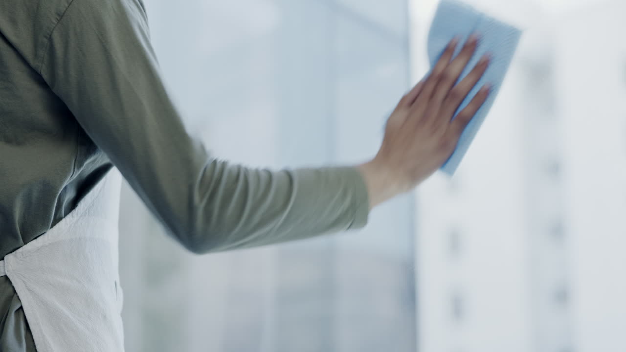 manos, persona y paño de limpieza para ventanas