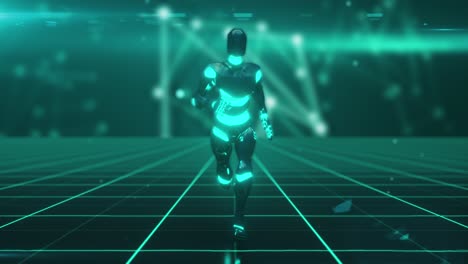 robot futurista que corre en una red digital