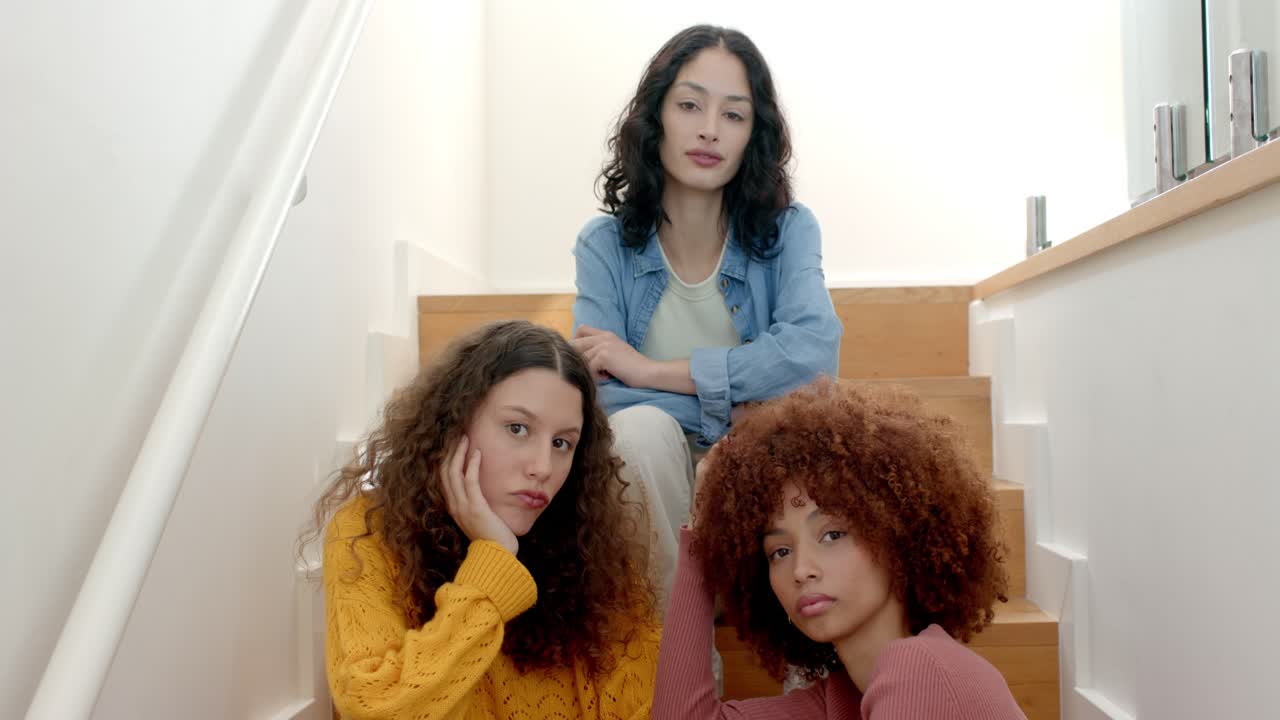 Diverse amiche sedute sulla scalinata con ringhiere che si sistemano i capelli e posano per un ritratto