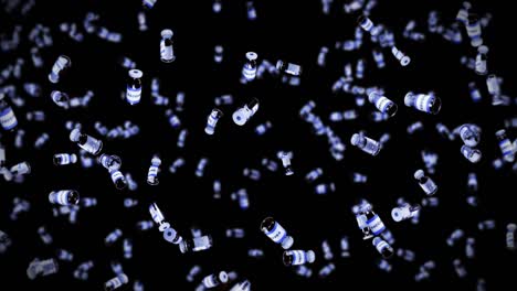 flying many vaccine bottles on black background. medical concept. virus cure. transparent liquid. 3d loop animation of vaccines.