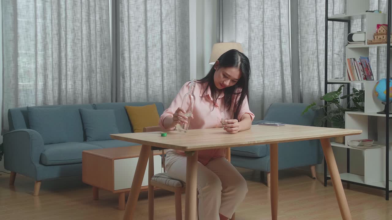 술에 취한 아시아 여성이  글래스에 보드카를 부어서 집에서 술을 마시기 전에 카메라에 환호합니다.