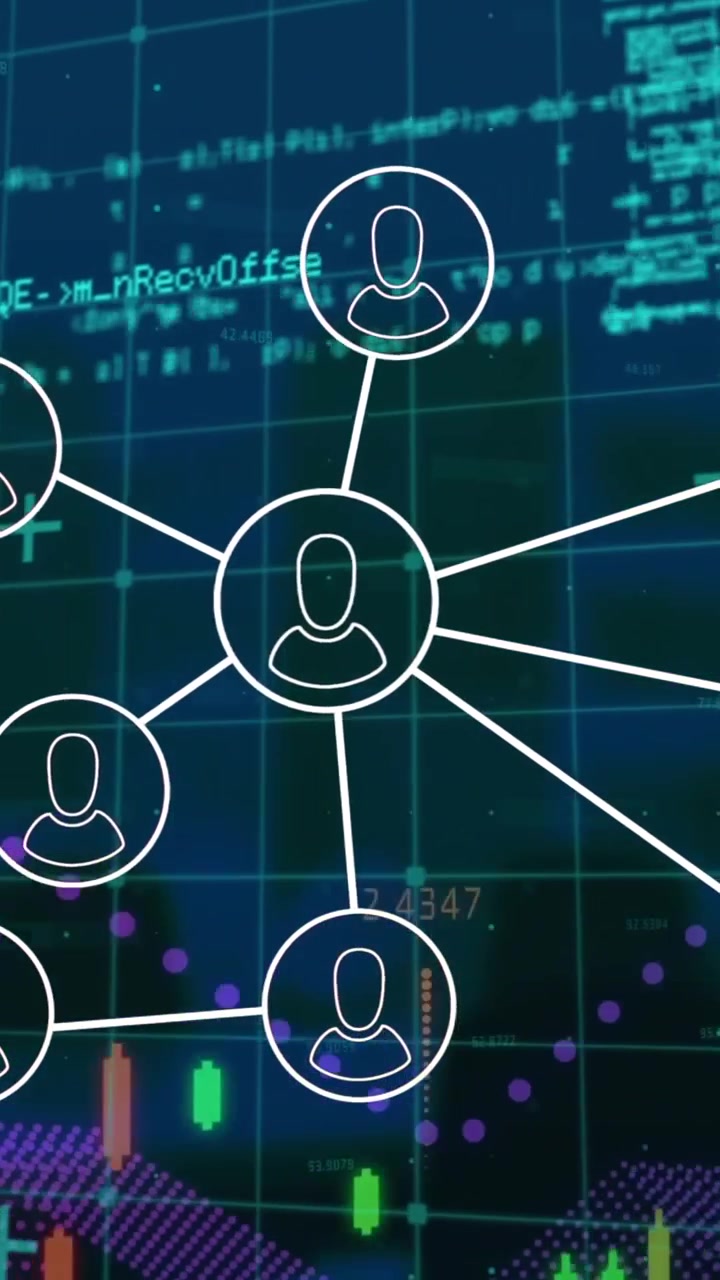 Animation of icon flowchart, multiple graphs and computer language over abstract background