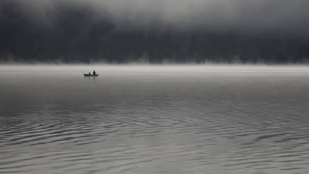 Fisherman floats on calm water in small boat, enveloped by thick fog and overshadowed by dark clouds, creating a serene yet melancholic atmosphere