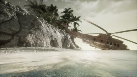 old rusted military helicopter near the island