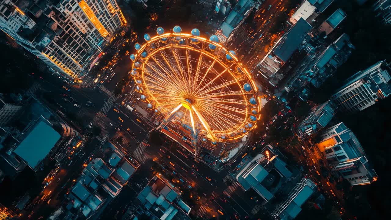vista aérea de la ciudad nocturna con la rueda de ferris