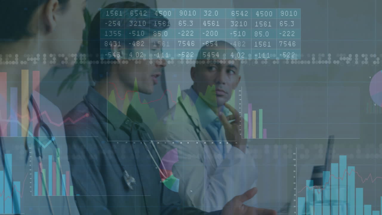 Medical team discussing analytics in meeting room, with animated charts, graphs overlaying frame