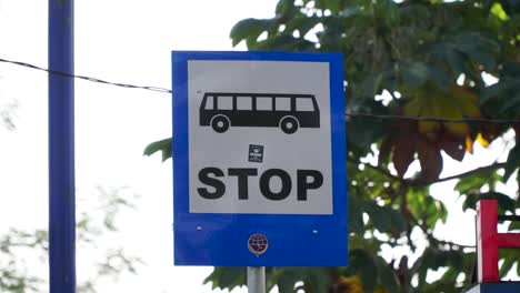 bus stop road sign against the backdrop of trees and sky