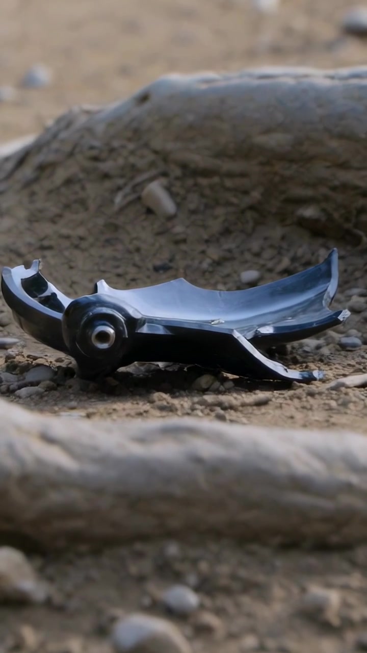 Video verticale: Telecamera che si avvicina a un pezzo di plastica in un ruscello asciutto per rivelare una crepa con un mozzo.