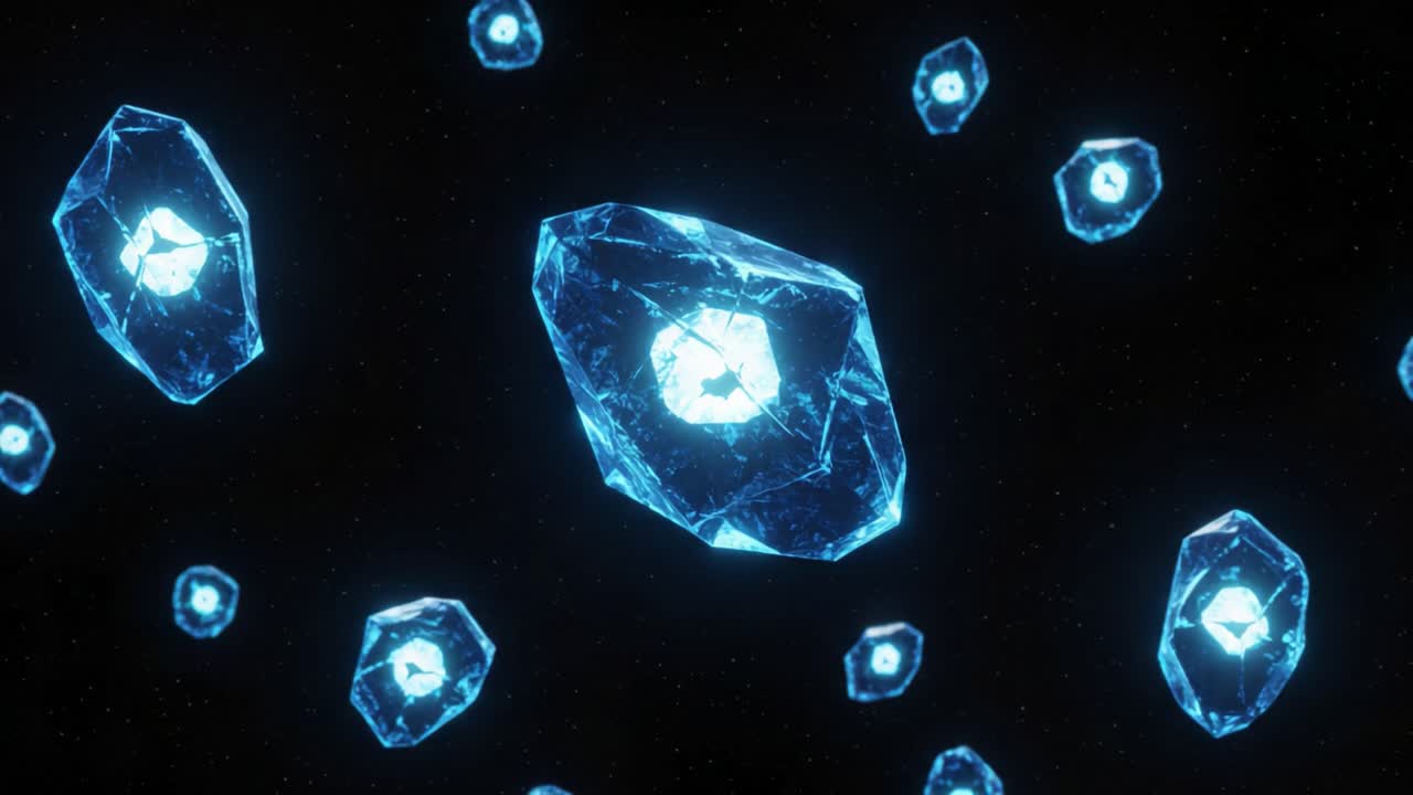 A Mesmerizing Array of Illuminated Crystals Floating in a Dark Abyss, Capturing the Essence of Ethereal Beauty and Intricate Light Reflections