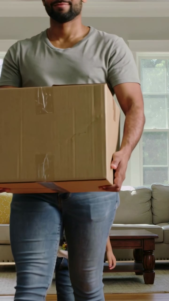 Vertical video: Entering living room, father in jeans carrying taped box to unpack, child following