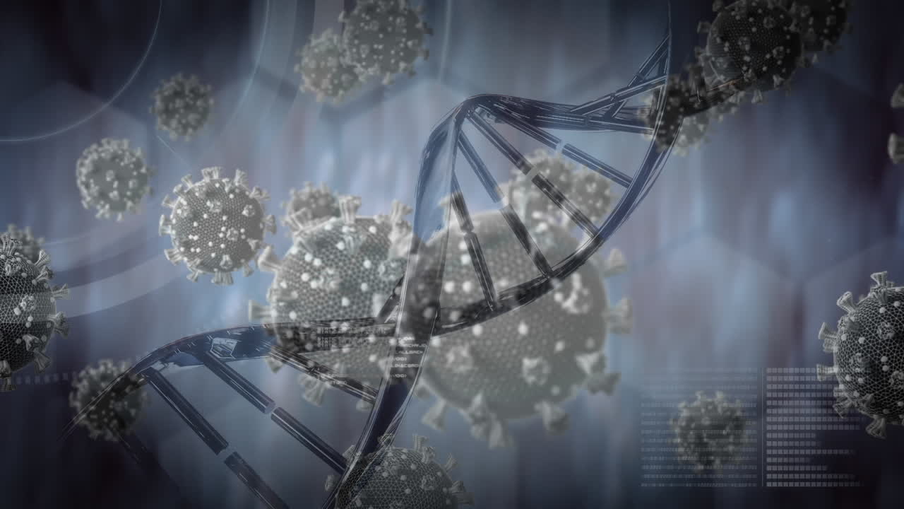 animación de células de macro coronavirus covid-19 flotando sobre el adn