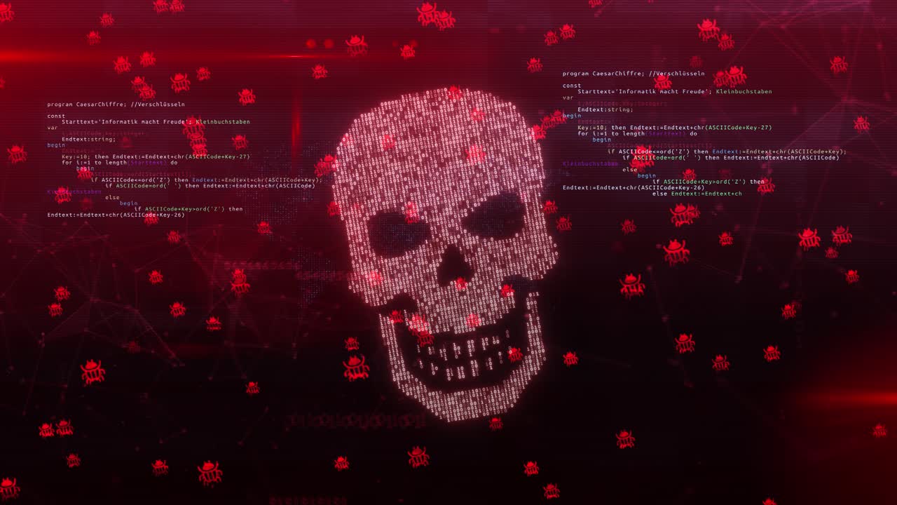 Computer code on a screen with a skull representing a computer virus malware attack loop animation
