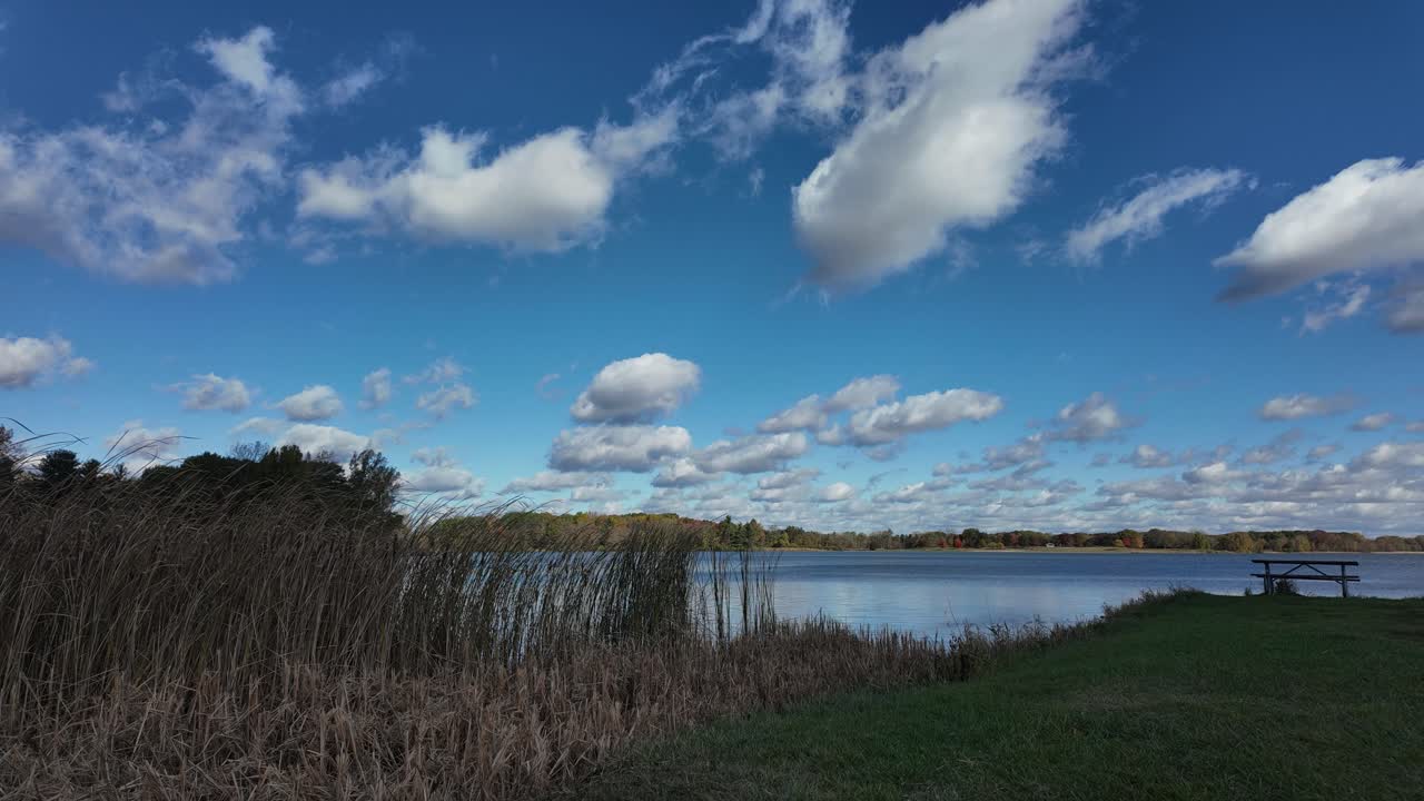 Time lapse at a Stony Creek Metropark picnic area in Shelby Township Michigan on a beautiful day showing clouds zooming by and tall grass moving inn the wind
