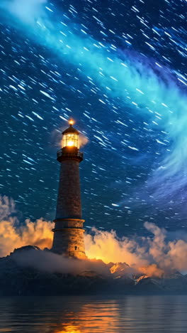 a lighthouse is lit up in the dark night sky. the lighthouse is surrounded by water and the sky is filled with stars. the scene is peaceful and serene