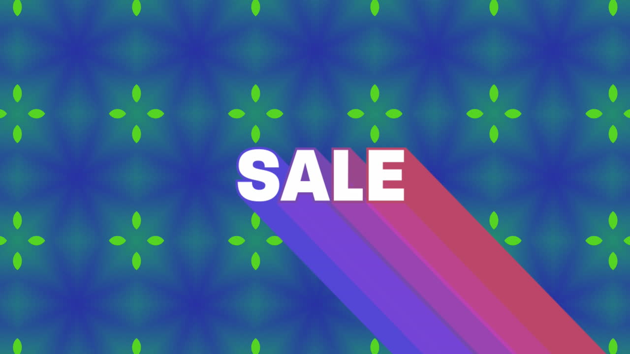 animación de texto de venta y formas sobre fondo azul