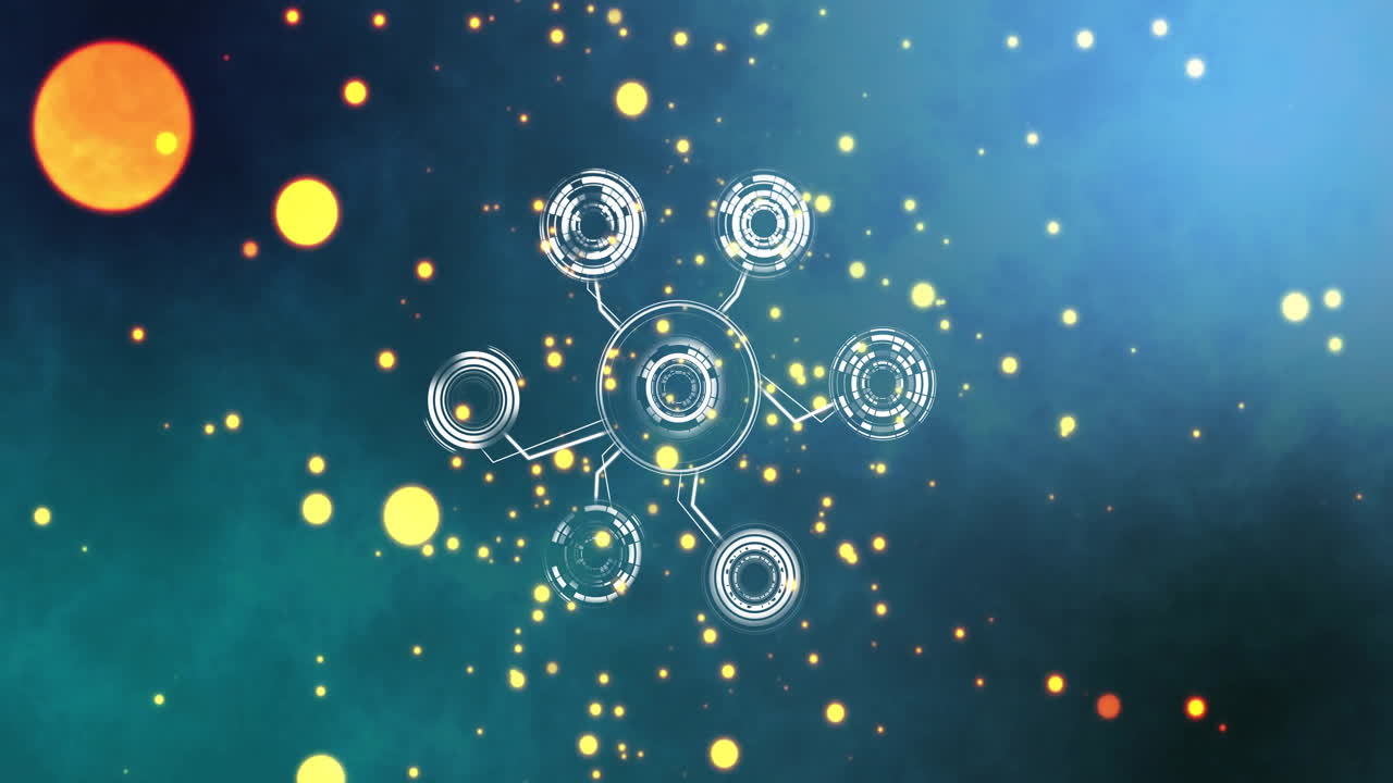 Glowing particles background with network connections and data processing animation