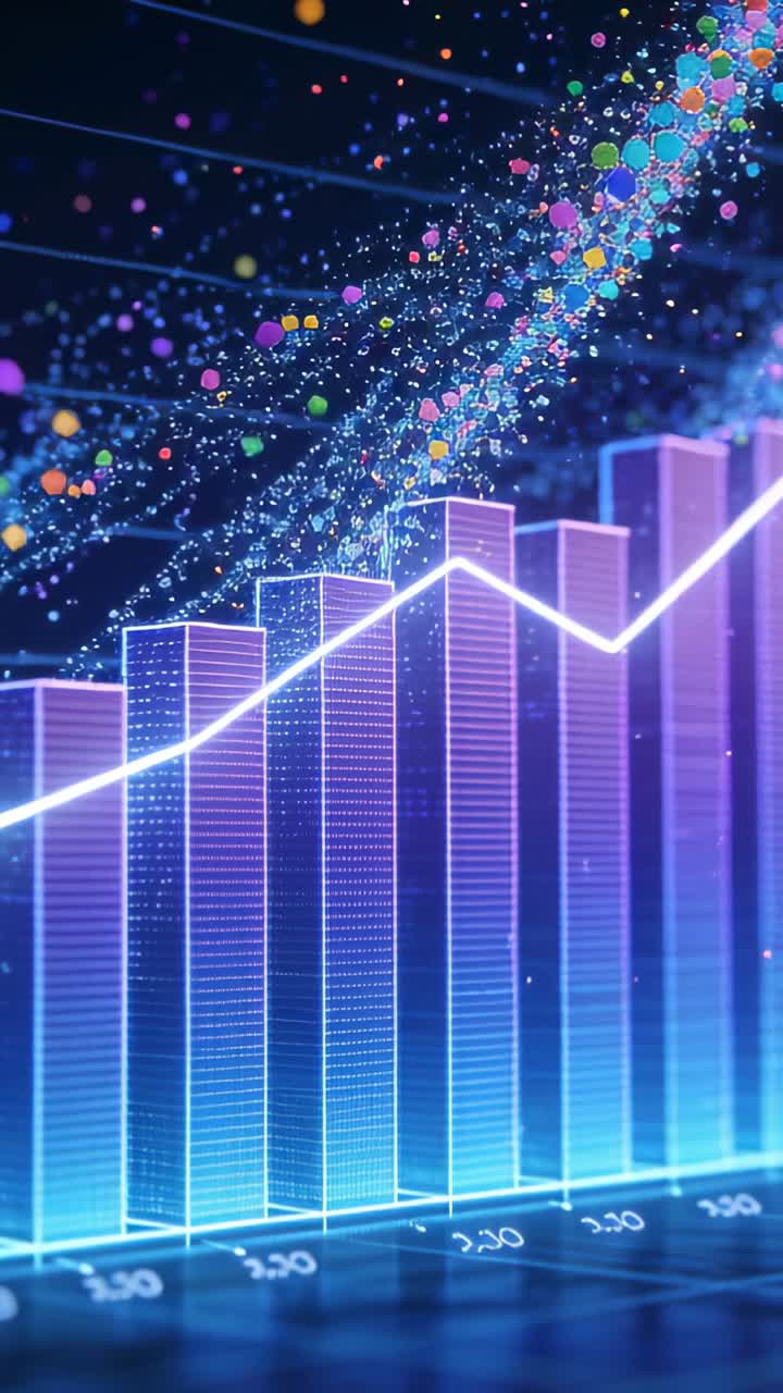 Video verticale: Grafico a barre 3D che inizia a pulsare su uno schermo olografico, mostrando un trend in crescita e particelle.