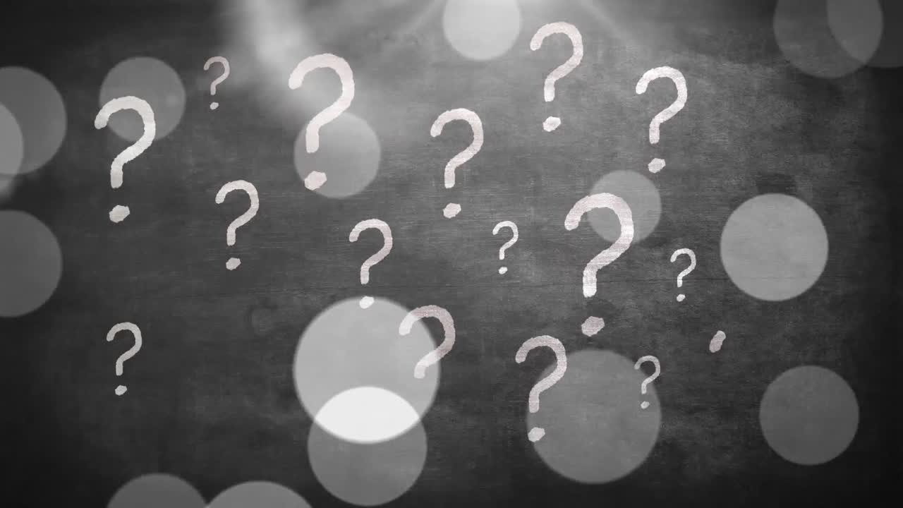 animación de signos de interrogación sobre puntos de luz en fondo gris.