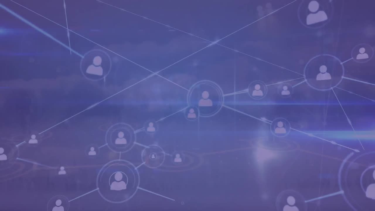 Animation of network of connections and blue light trails against clouds in the sky