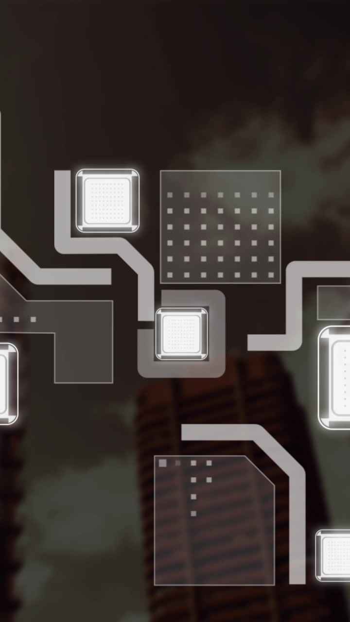 Animation af computerprintplade over bylandskab.
